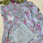 Blue Floral Embroidered Lawn Suit with Butterfly Cutwork Organza Dupatta – 3 Piece Stiched