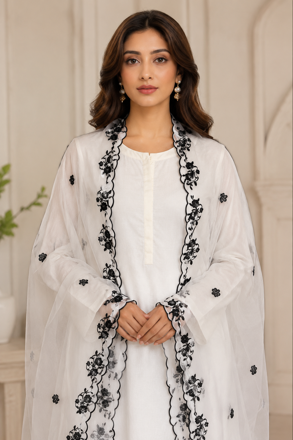 White Organza Dupatta with Black Floral Embroidery Border – Luxury Contrast Dupatta