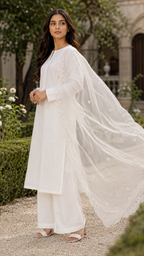 Luxury White Embroidered Organza Dupatta – Scalloped Floral Border