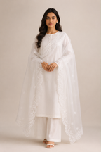 Luxury White Embroidered Organza Dupatta – Scalloped Floral Border