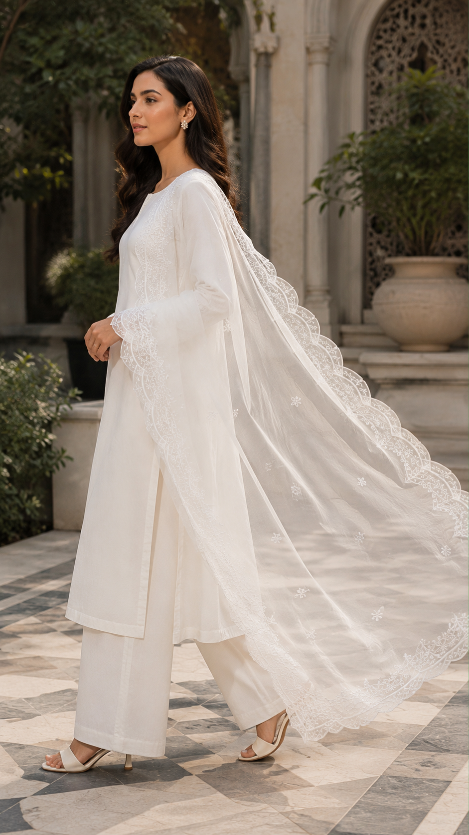 Luxury White Embroidered Organza Dupatta – Scalloped Floral Border