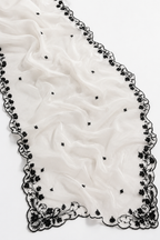 White Organza Dupatta with Black Floral Embroidery Border – Luxury Contrast Dupatta