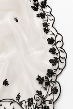 White Organza Dupatta with Black Floral Embroidery Border – Luxury Contrast Dupatta
