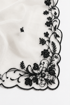 White Organza Dupatta with Black Floral Embroidery Border – Luxury Contrast Dupatta