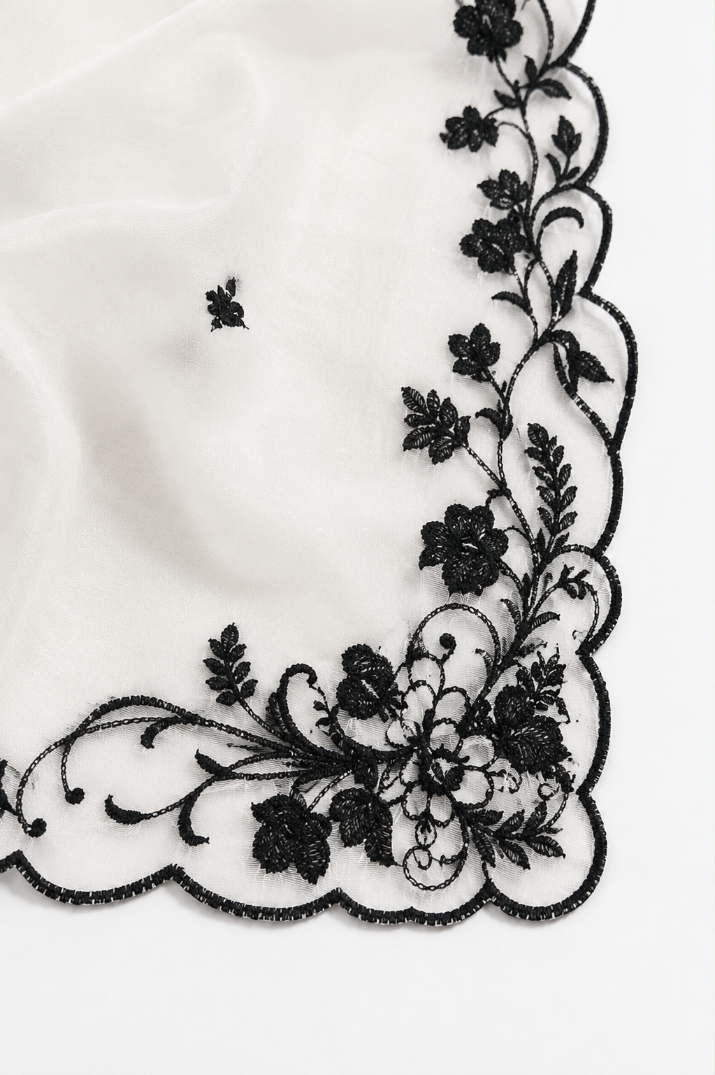 White Organza Dupatta with Black Floral Embroidery Border – Luxury Contrast Dupatta
