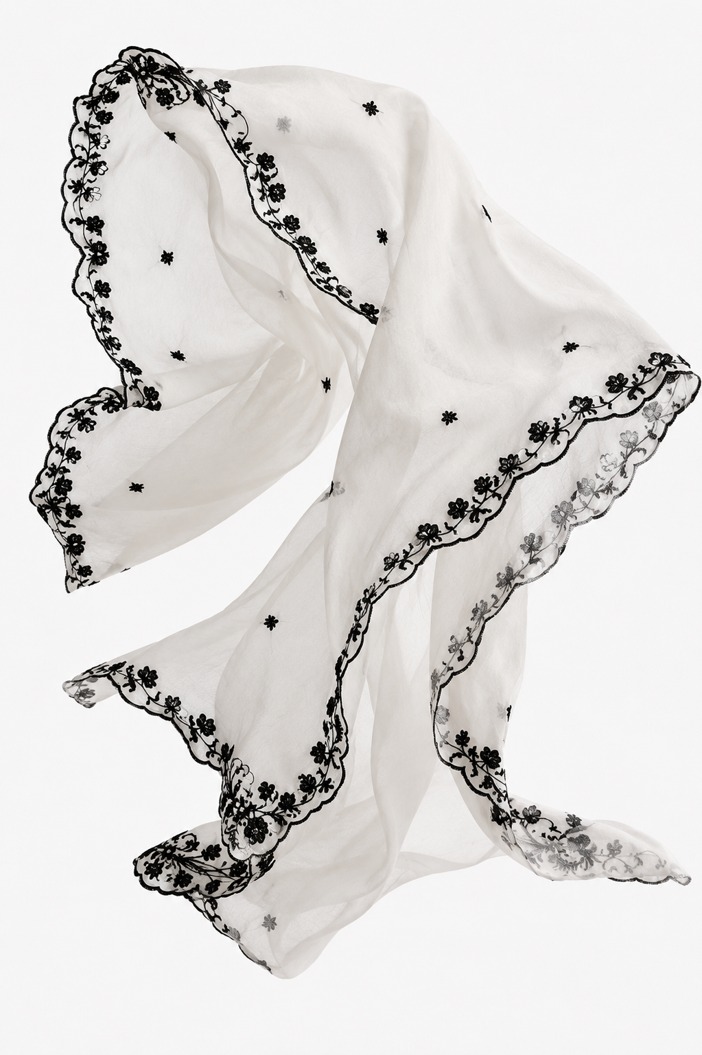 White Organza Dupatta with Black Floral Embroidery Border – Luxury Contrast Dupatta