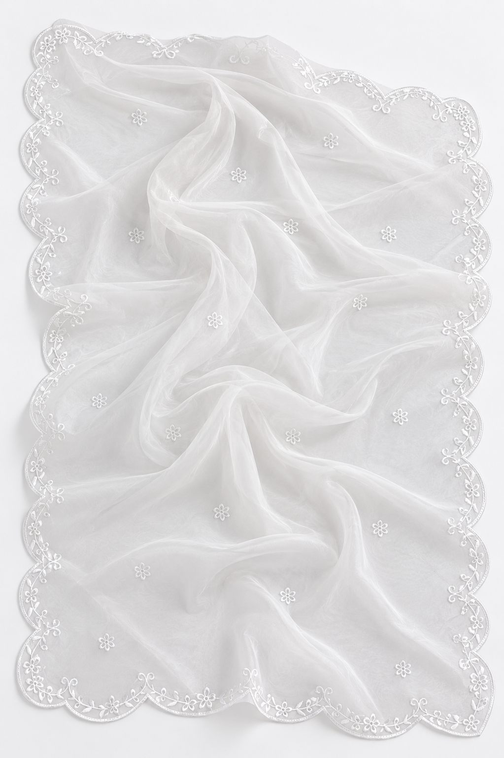 Luxury White Embroidered Organza Dupatta – Scalloped Floral Border