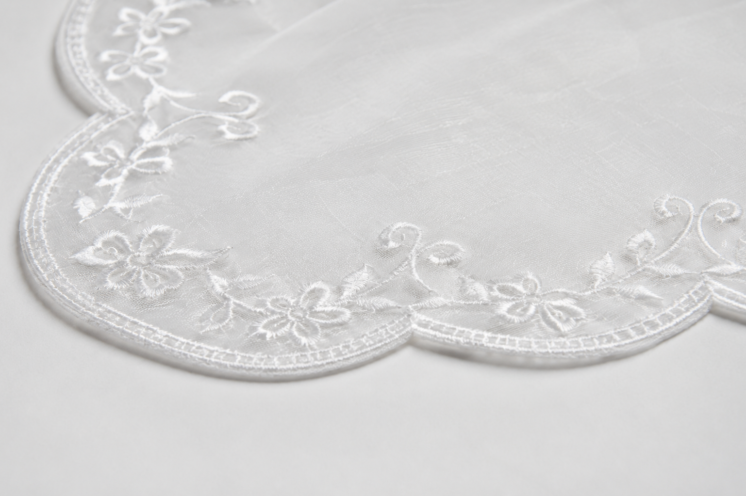 Luxury White Embroidered Organza Dupatta – Scalloped Floral Border