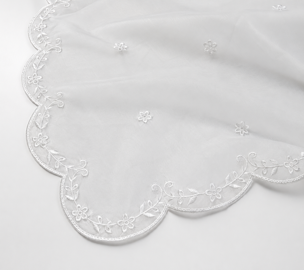 Luxury White Embroidered Organza Dupatta – Scalloped Floral Border