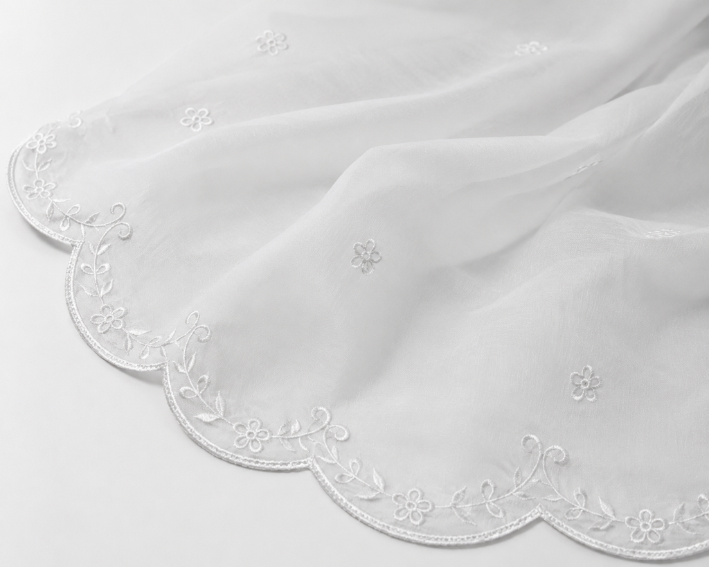 Luxury White Embroidered Organza Dupatta – Scalloped Floral Border