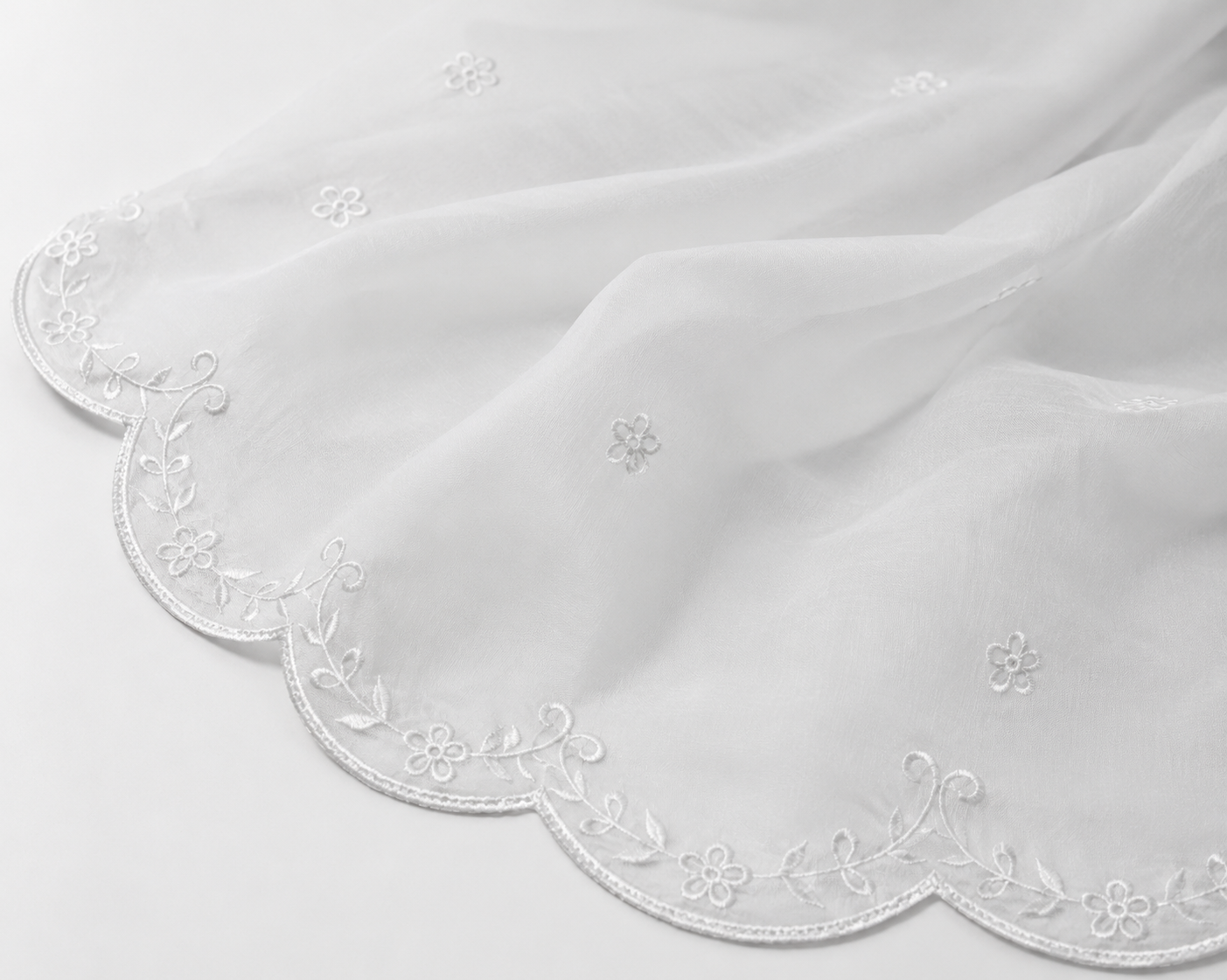 Luxury White Embroidered Organza Dupatta – Scalloped Floral Border