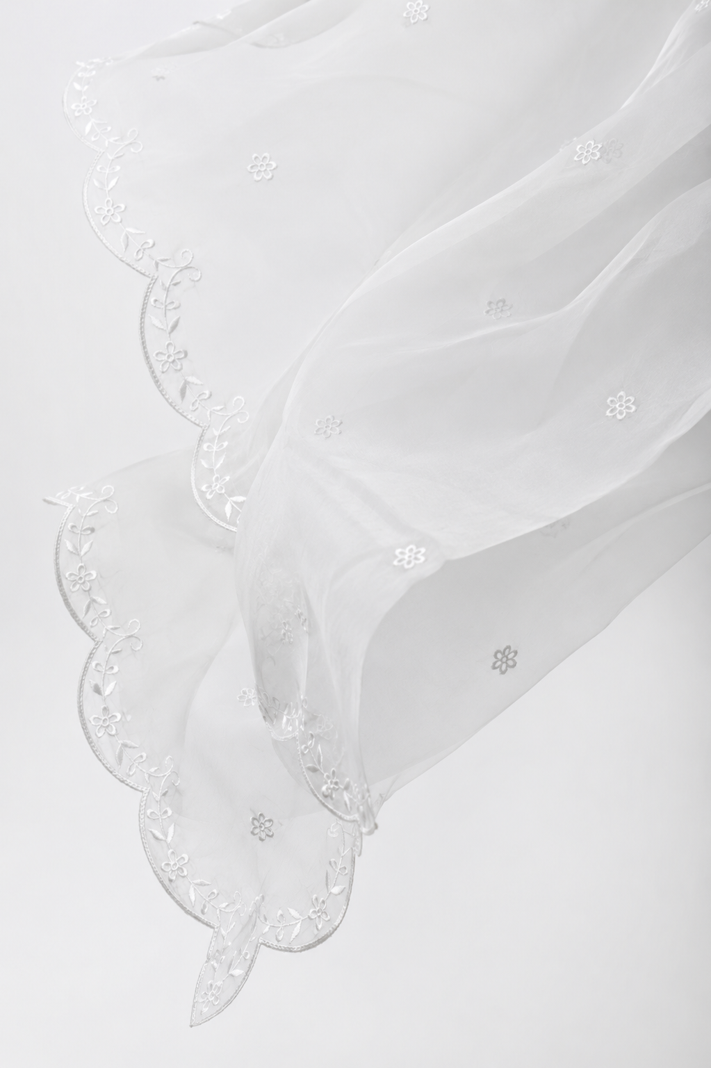 Luxury White Embroidered Organza Dupatta – Scalloped Floral Border
