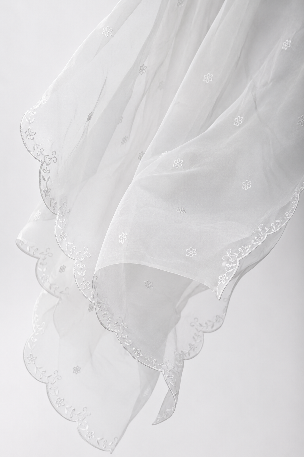 Luxury White Embroidered Organza Dupatta – Scalloped Floral Border