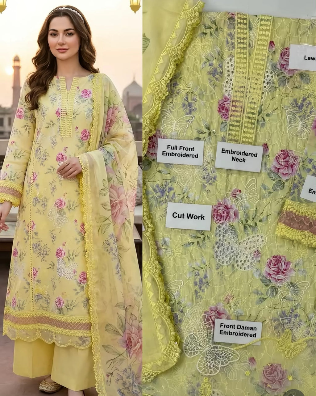 Yellow Floral Embroidered Lawn Suit with Butterfly Cutwork Organza Dupatta – 3 Piece Stiched