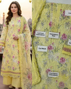 Yellow Floral Embroidered Lawn Suit with Butterfly Cutwork Organza Dupatta – 3 Piece Stiched