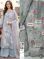 Blue Floral Embroidered Lawn Suit with Butterfly Cutwork Organza Dupatta – 3 Piece Stiched